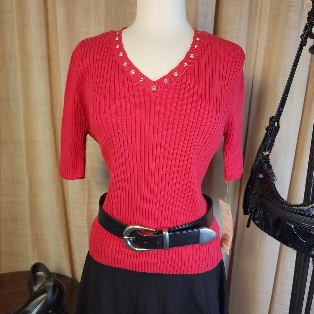 Pierre Cardin NWT Red Ribbed Cotton Sweater L Y2K Studded V Neck